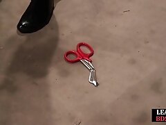 BDSM babe vibrates pussy while bound during masterclass