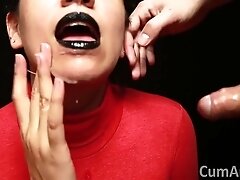 Cfnm - Red Turtleneck, Black Lips - Handjob + Cum Mouthful + Cum On Clothes