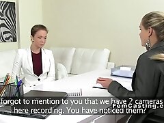 Beautiful female agent fingeres shy babe on casting