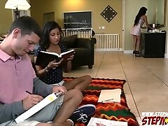 Step mom positions in front of her step daughters boyfriend without panty