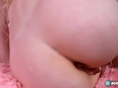 Flat blonde teen Cecelia Taylor stretches out her tight pussy with a big toy.