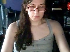 Spectacled amateur tgirl plays with her tits, cock and ass