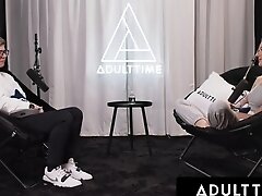 ADULT TIME - Busty Lesbians Octavia Red Kenna James CAUGHT EATING PUSSY On Podcast Set FULL SCENE