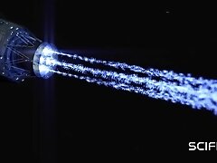 Sex in a spaceship. Space busty girl in cuffs gets fucked hard by sex robot in the lab