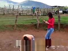 Femdom FM Whipping by riding woman in jeans